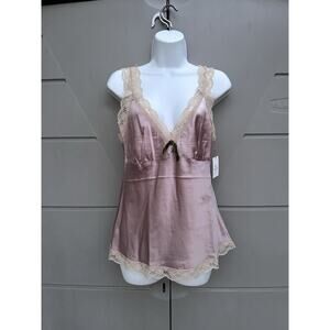 Y2K Gold Hawk Luxury Silk Babydoll Top Sz M Tan Mauve Lace Fairycore Coquette